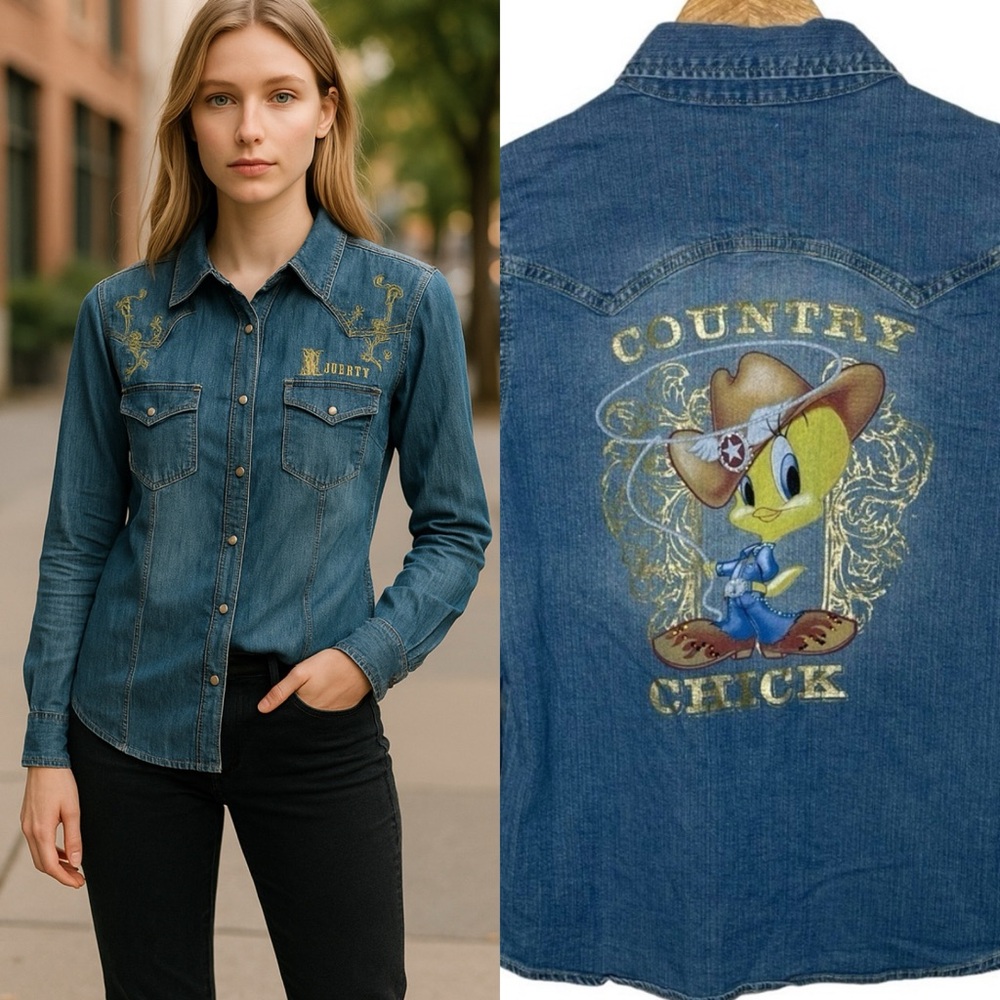 Country Royalty CR Tweety Country‎ Chic Pearl Snap Button Up Denim Shirt